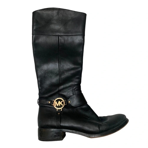 Michael Kors Black Gold Tall Leather Riding Boots Equestrian 10 - Picture 1 of 15